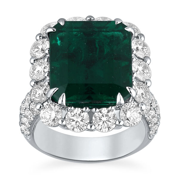 Emerald Octagon-Cut Ring with Diamonds in White Gold